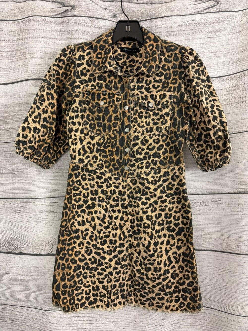 Kids SMallsaints Jackie Leopard Print Puff-Sleeve Denim Dress Size 12/13